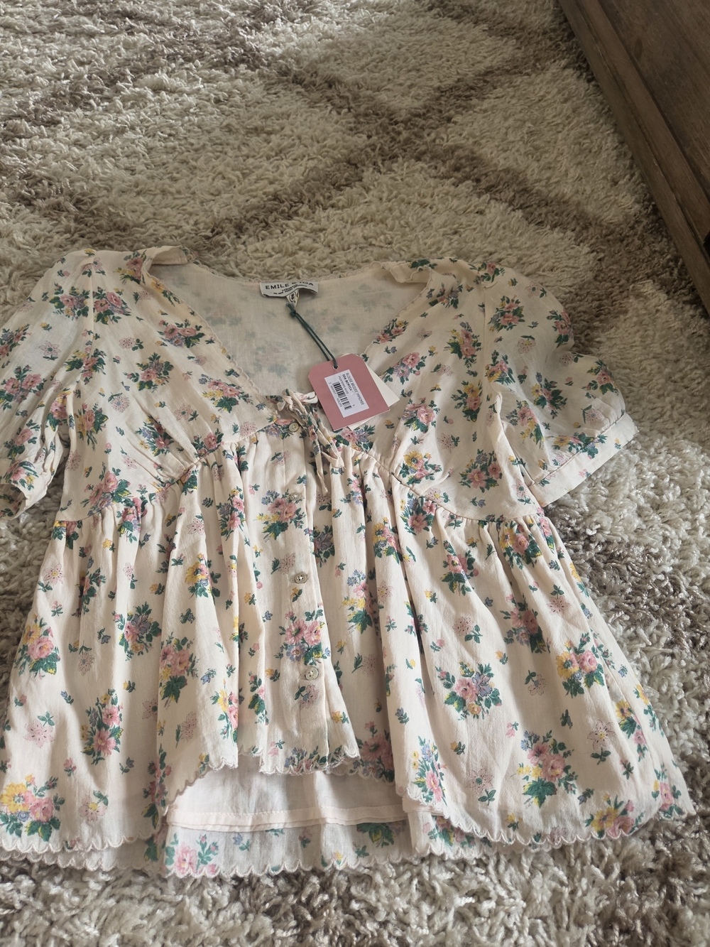 Emile et Ida Cream Floral Peplum Blouse with Pink & Green Accents